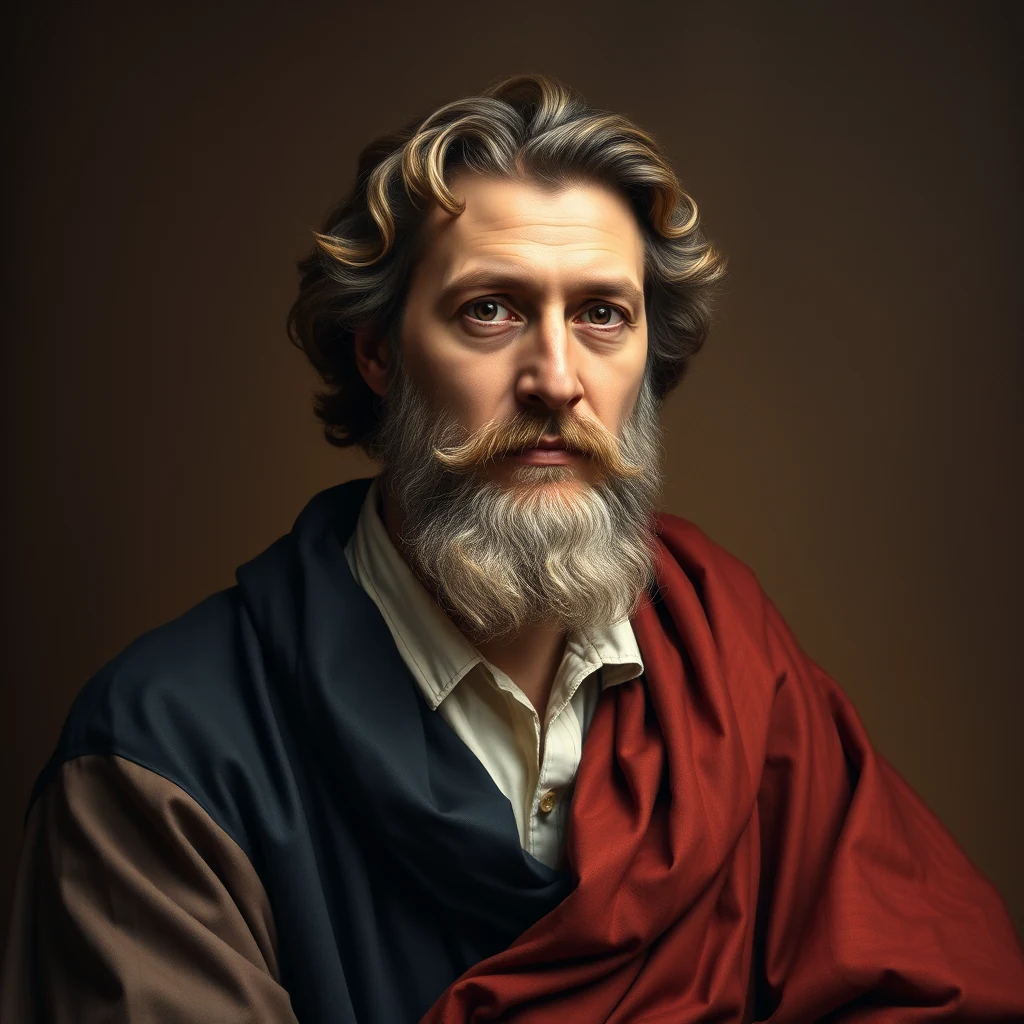 A portrait of a person with long, curly hair and a full beard, wearing a dark blue robe over a white shirt, draped in a red cloth, set against a dark background.