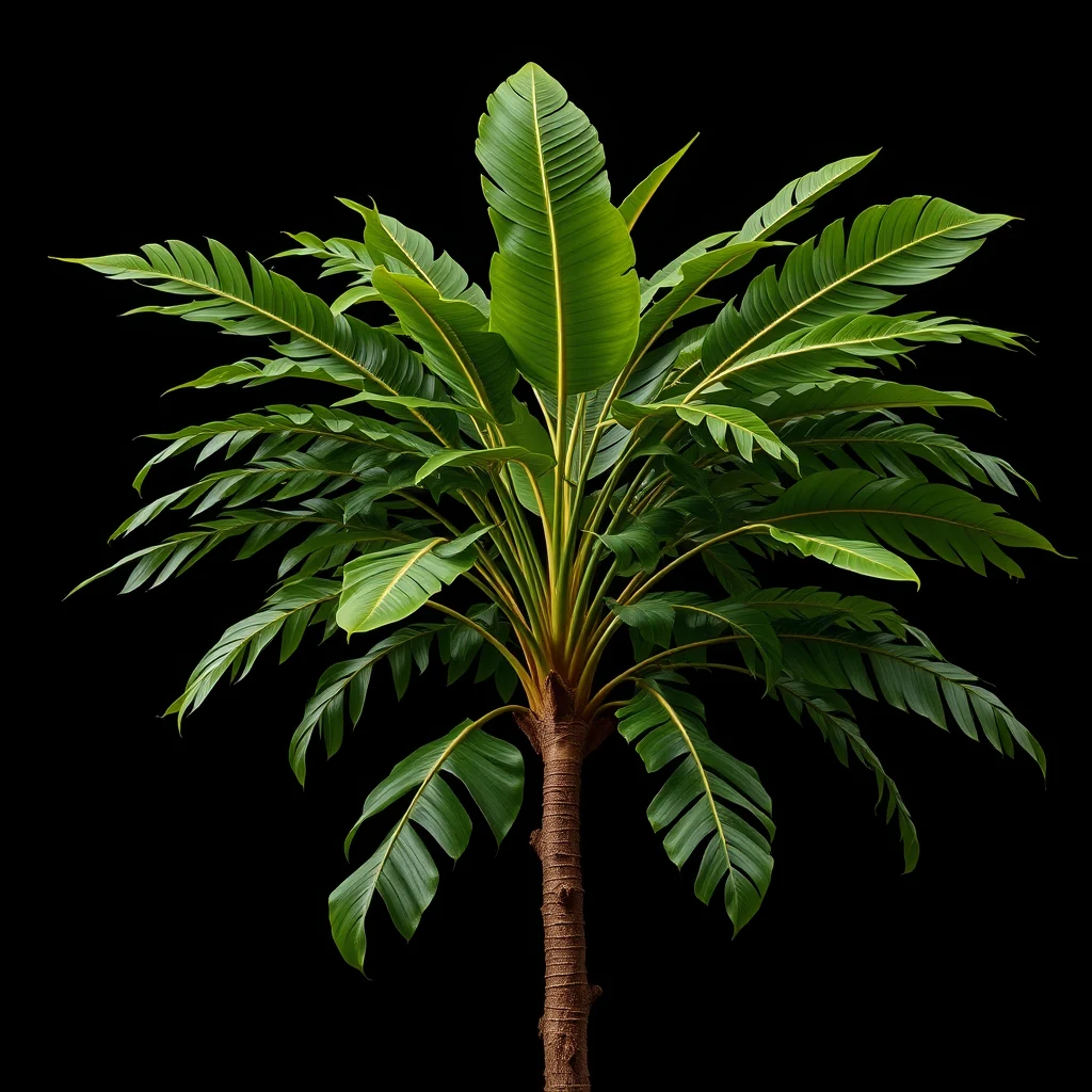 A Para rubber tree (Hevea brasiliensis) with its distinctive large, green, palmate leaves and brown trunk stands against a black background.