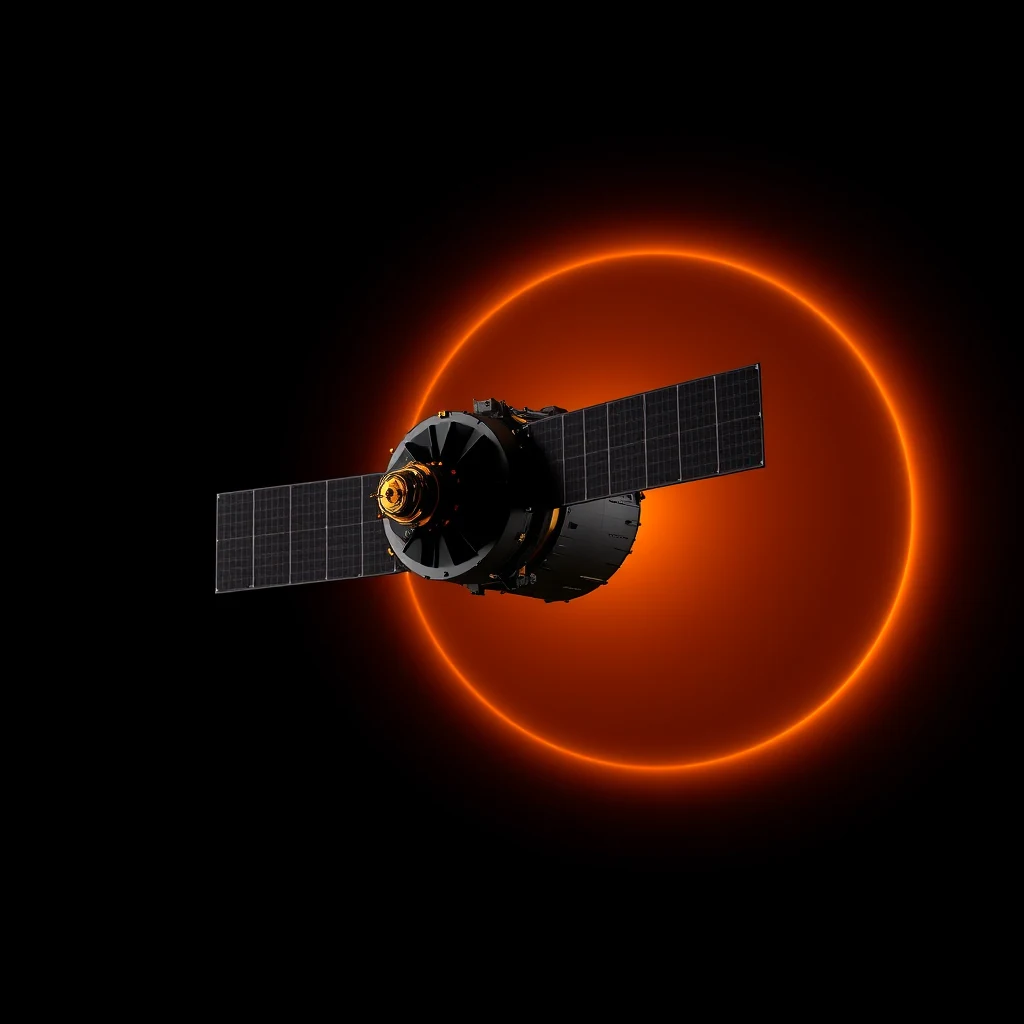 A Parker Solar Probe spacecraft is depicted against a glowing orange solar corona, showcasing its mission to study the Sun's atmosphere.