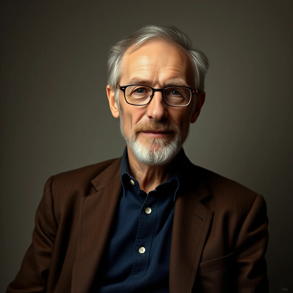 A man with gray hair and glasses wears a brown blazer over a dark blue shirt, set against a neutral background.