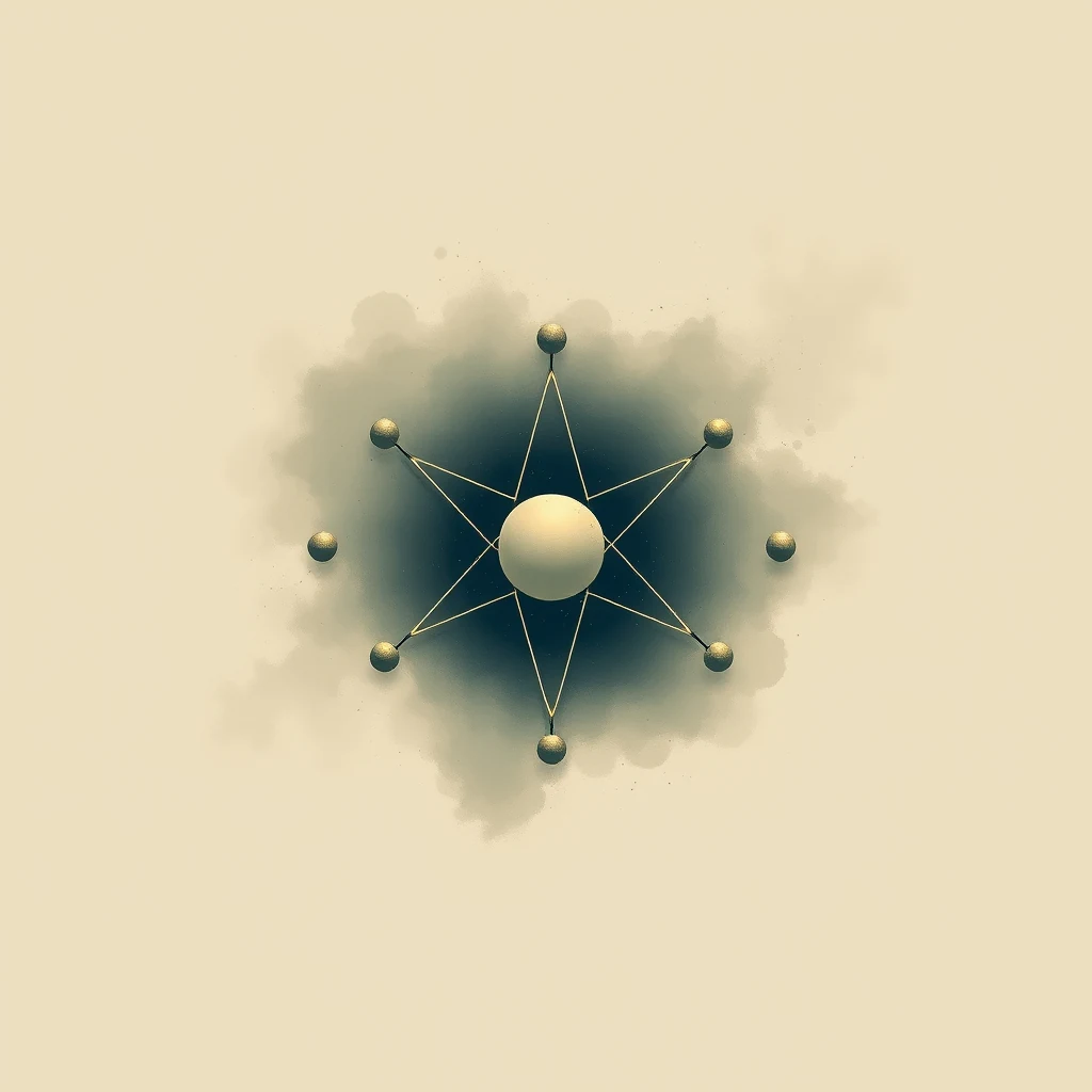 A geometric representation of the Pauli exclusion principle, featuring a central sphere connected to six smaller spheres by lines, set against a gradient background with a subtle cloud-like effect.