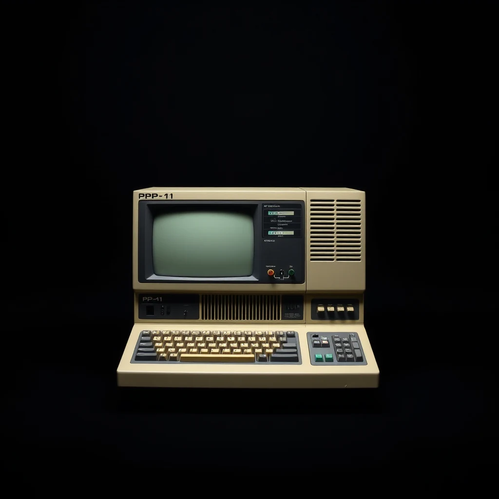 A vintage PDP-11 minicomputer with a beige casing, a small CRT monitor, and a keyboard with a numeric keypad, set against a dark background.