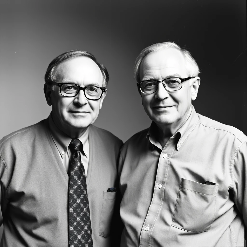 Two men wearing glasses stand side by side against a gradient background, dressed formally with one wearing a tie and pocket square.