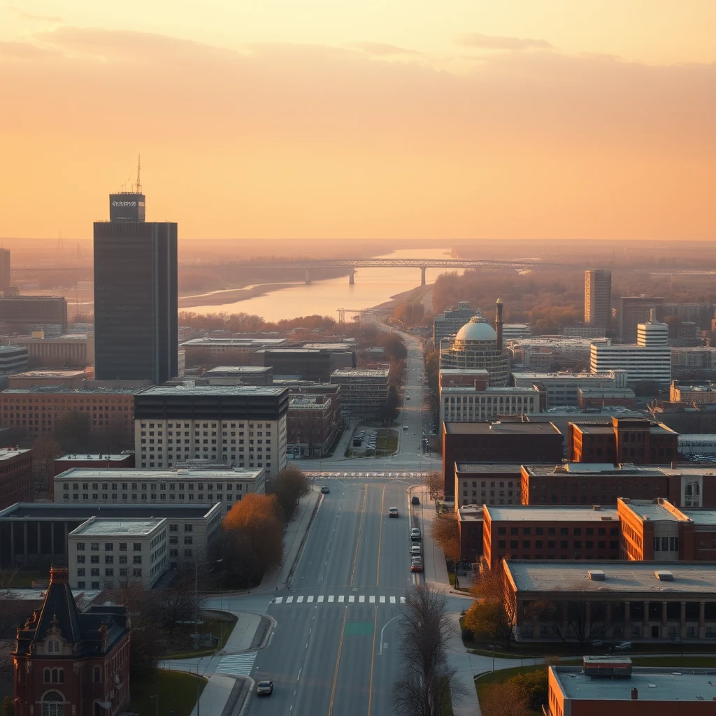 A mid-sized city at sunset, featuring a prominent river and a mix of modern and historic buildings, including a notable tower and a red-brick structure with columns, situated along the Illinois River.