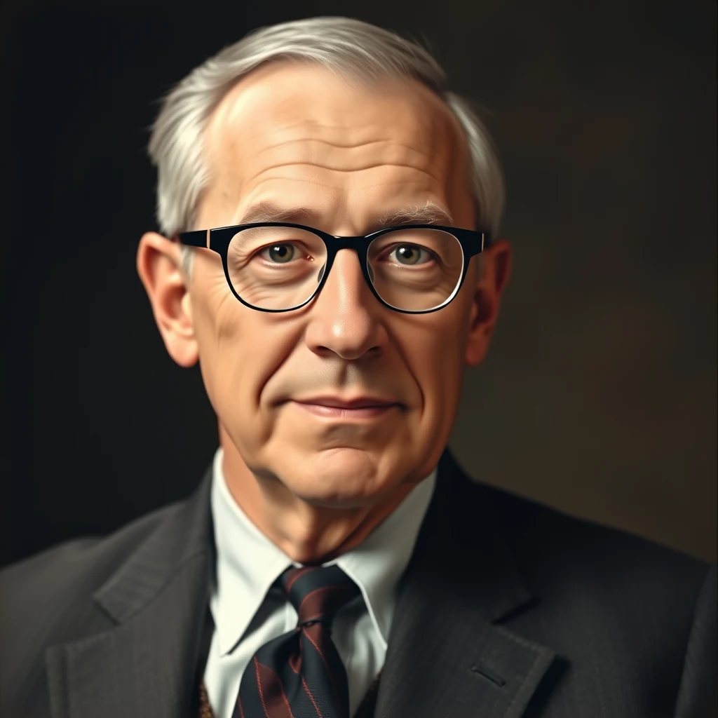 A man with gray hair and glasses wears a dark suit, white shirt, and patterned tie against a dark background.