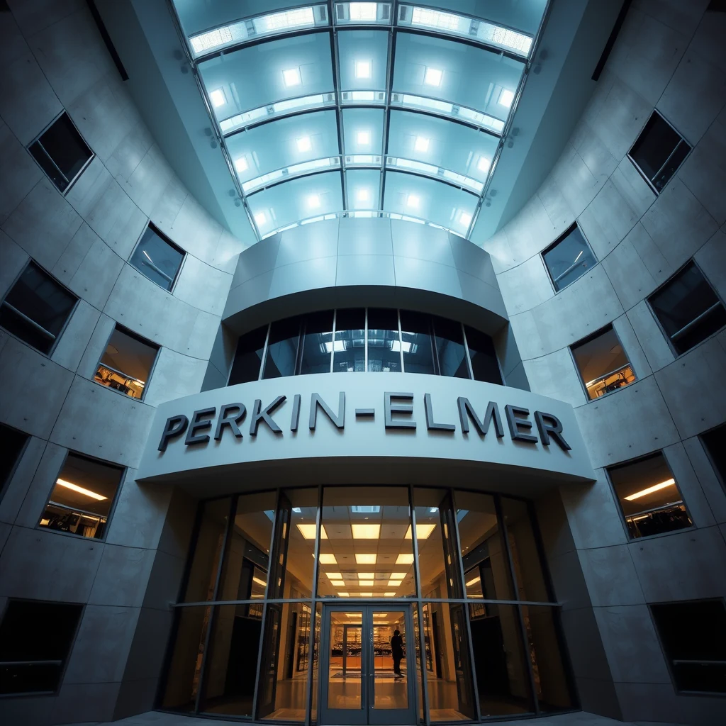 A modern building with a glass facade and a prominent Perkin-Elmer sign above the entrance, illuminated by natural light from a curved skylight.