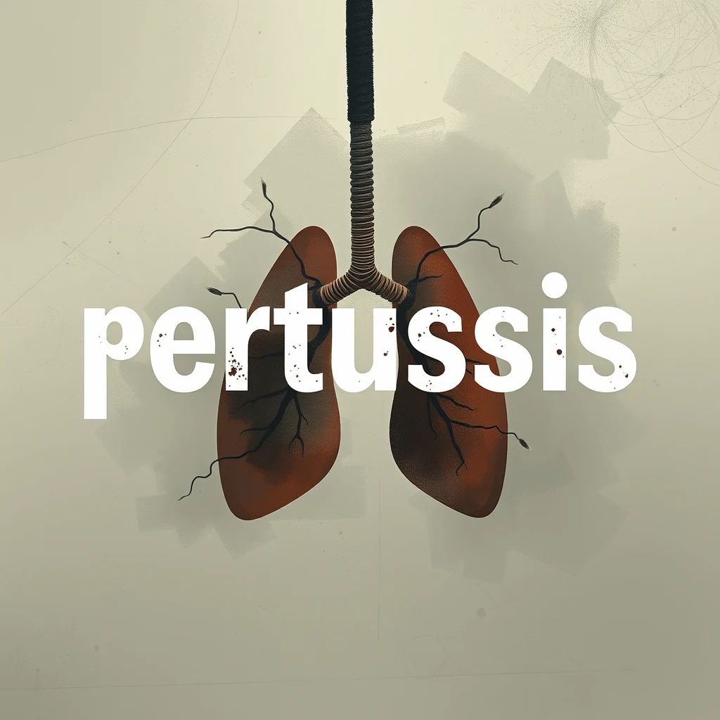 The image depicts lungs with a dark, cracked appearance, symbolizing the respiratory issues associated with pertussis, also known as whooping cough.