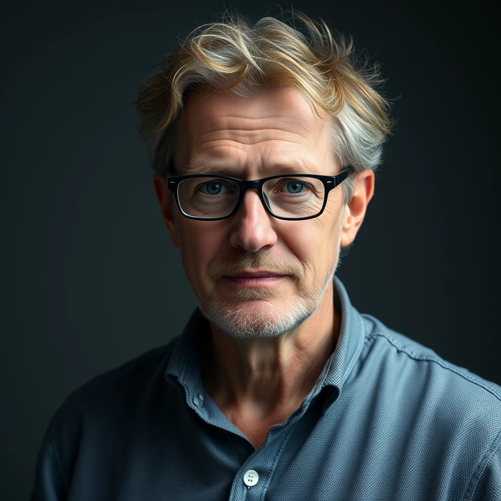 Peter Godfrey-Smith, wearing glasses and a blue shirt, stands against a dark background.