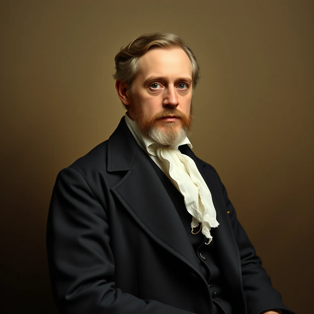 Peter Panum, a Danish physician and physiologist, is depicted wearing formal attire with a white cravat, symbolizing his professional dedication and the historical context of his work on the Faroe Islands in 1846.