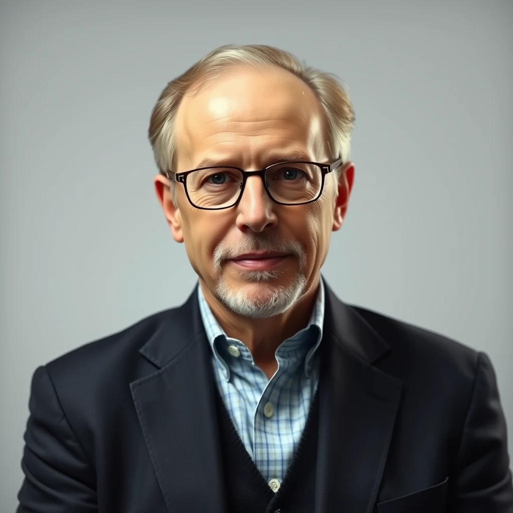 Peter Shor, an American applied mathematician, is depicted wearing glasses, a dark blazer over a plaid shirt, with a light background behind him.