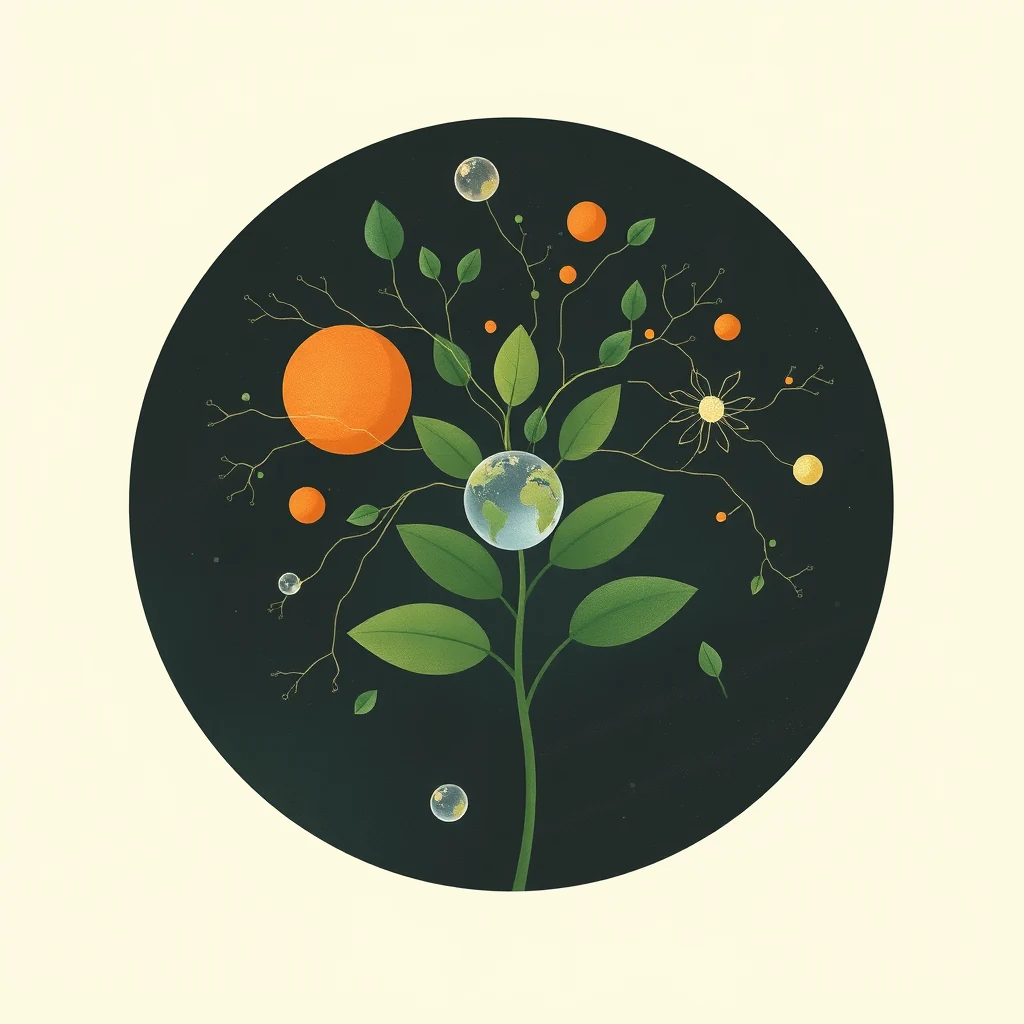 A plant with green leaves and orange spheres symbolizes the concept of photorespiration, where the enzyme RuBisCO mistakenly binds oxygen instead of carbon dioxide, leading to energy expenditure.