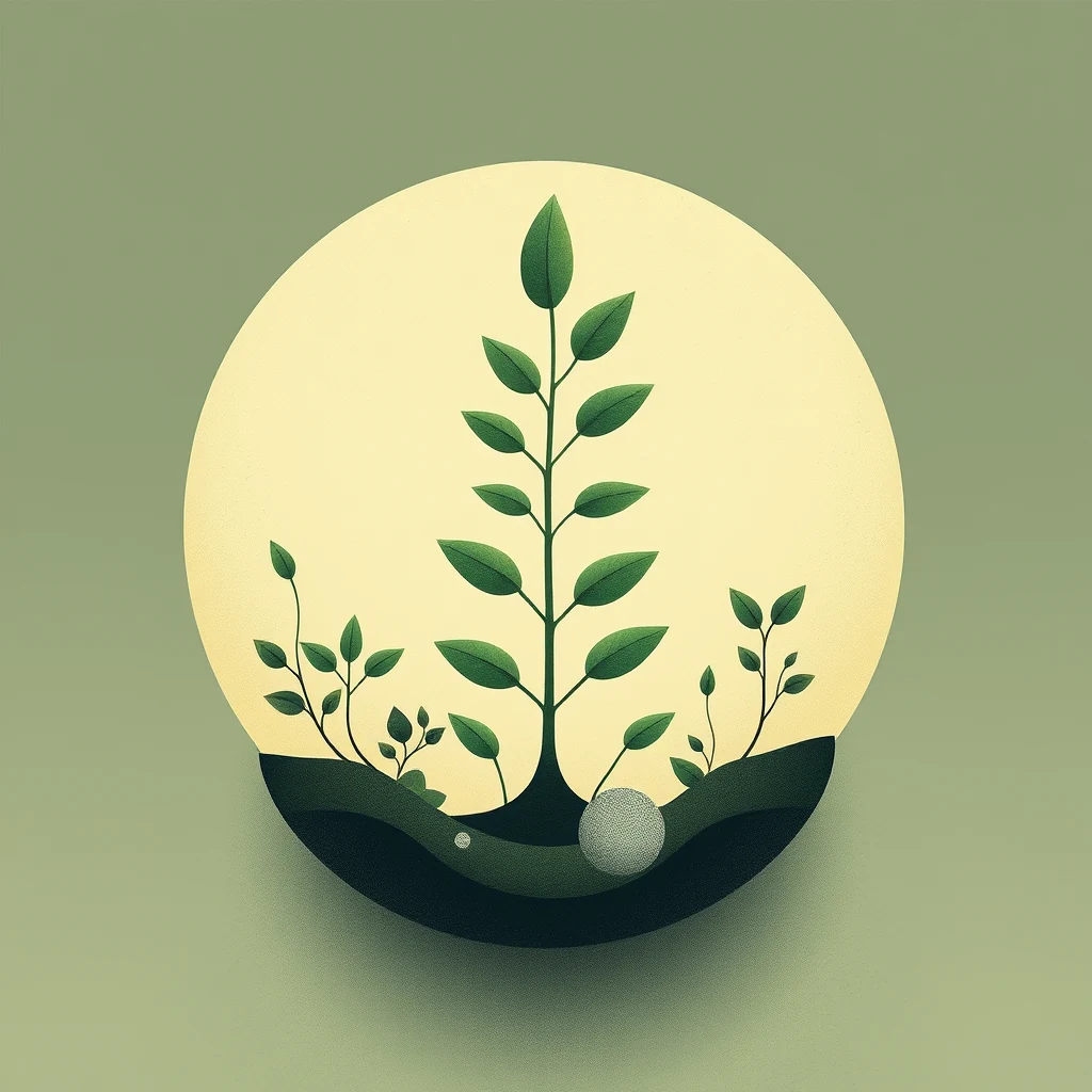 A circular illustration depicts a plant growing from soil, with leaves reaching upwards towards a light source, symbolizing the process of photosynthesis.