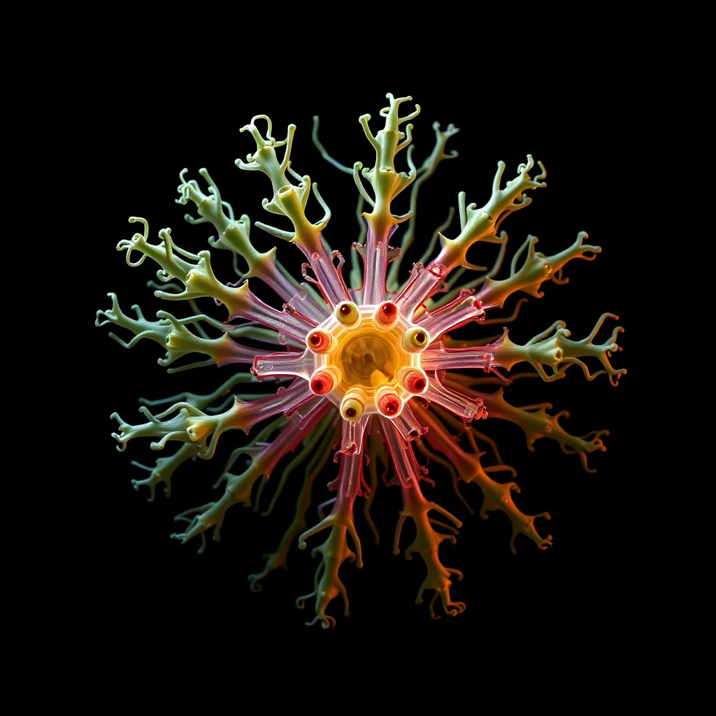 A vibrant, intricate structure resembling Photosystem II, a complex protein found in plant, algal, and cyanobacterial cells, radiates outward with green, yellow, and pink hues against a black background.