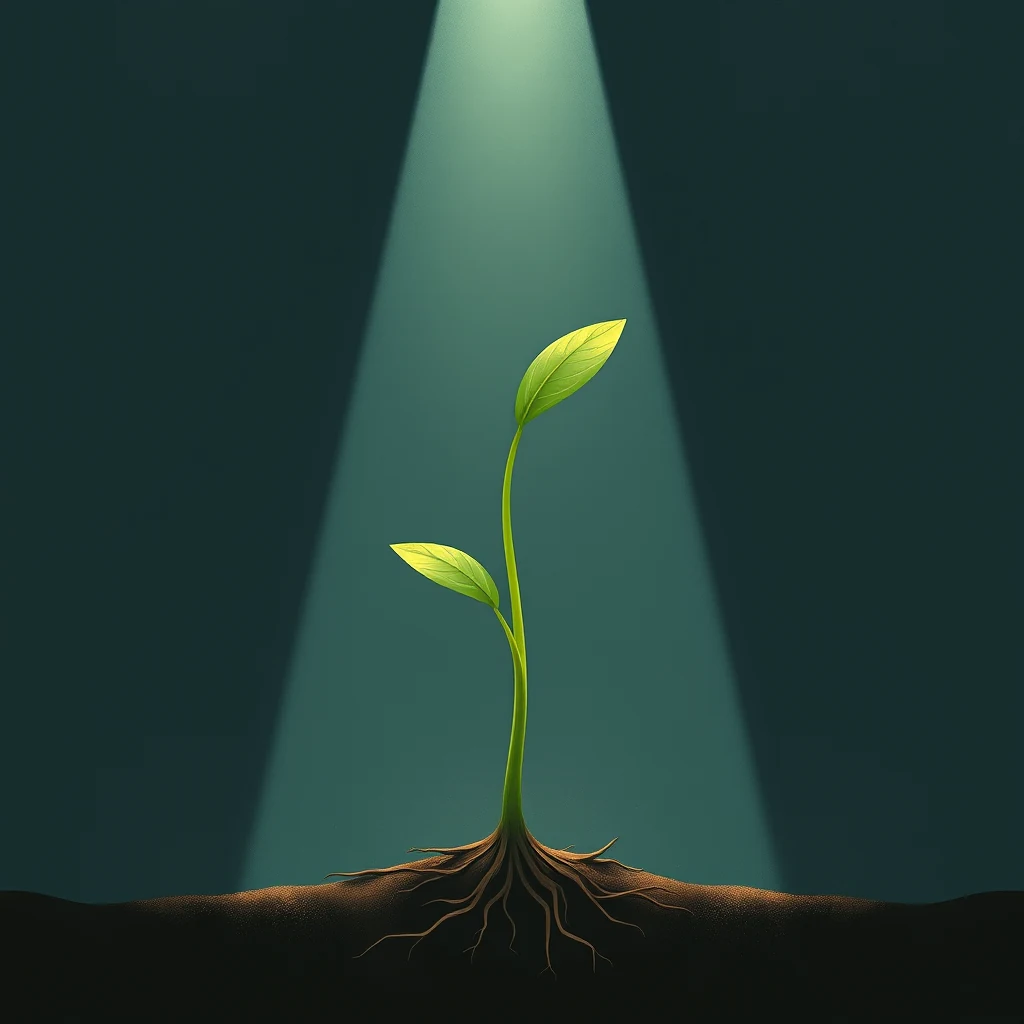 A young plant with two leaves grows upward under a focused beam of light, demonstrating phototropism, as its roots extend into the soil below.