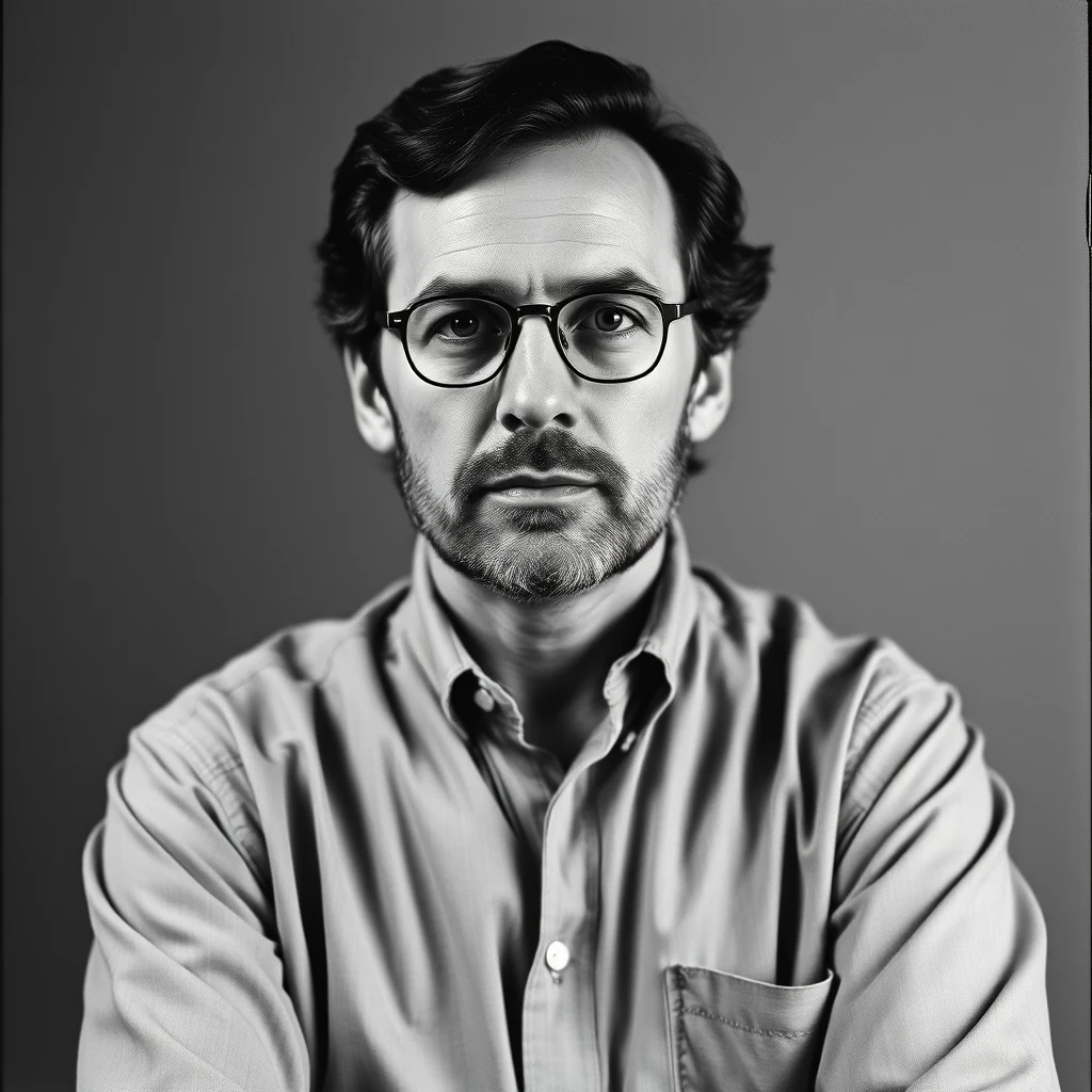 A man wearing glasses and a button-up shirt stands against a neutral background.