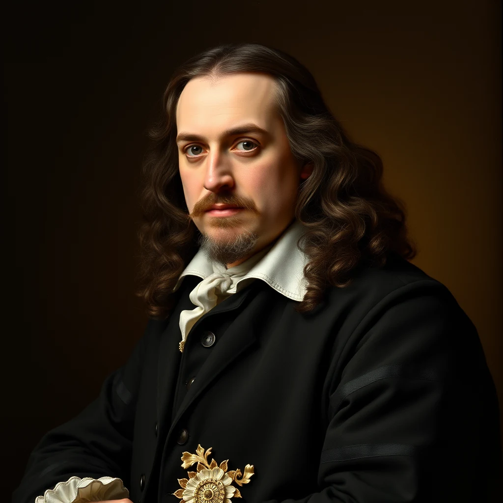 A portrait depicts a person dressed in historical attire, featuring a black coat adorned with gold embellishments and a white cravat, set against a dark background.