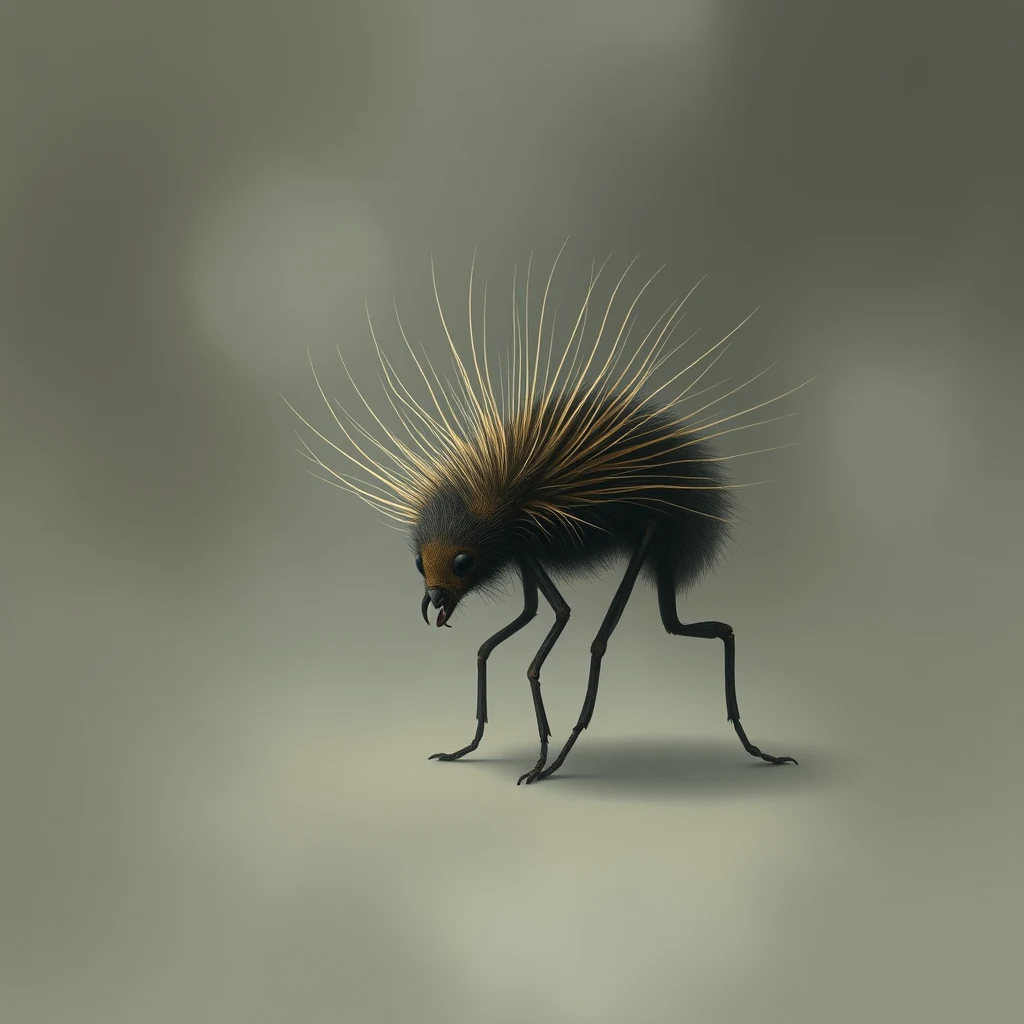 A creature with upright, golden-brown bristles on its back stands against a neutral background, demonstrating piloerection, the involuntary contraction of arrector pili muscles that causes hairs to stand up.