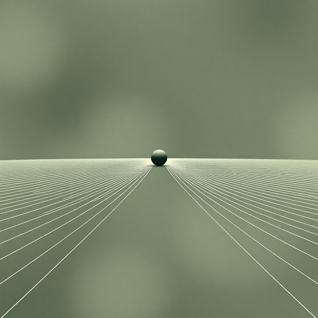A solitary sphere sits at the convergence of converging lines on a flat surface, symbolizing the concept of pilot-wave theory in quantum mechanics.