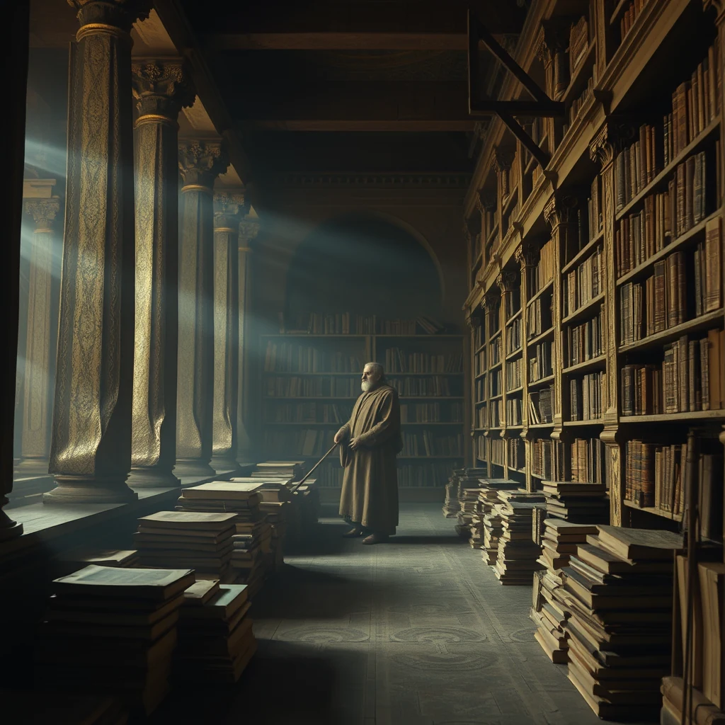 A scholar stands amidst towering bookshelves in a grand library, surrounded by stacks of ancient books under the warm glow of sunlight filtering through columns.