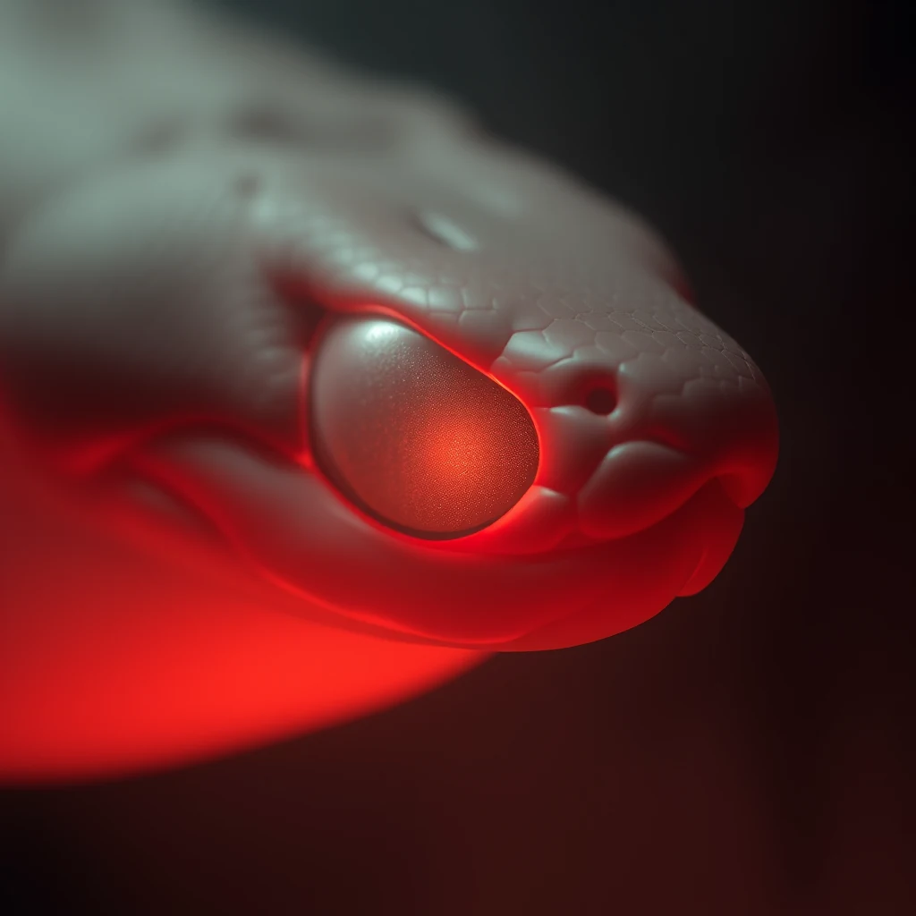 A close-up view of a snake's head illuminated by red light, highlighting its infrared pit organ, a sensory structure used for detecting heat.