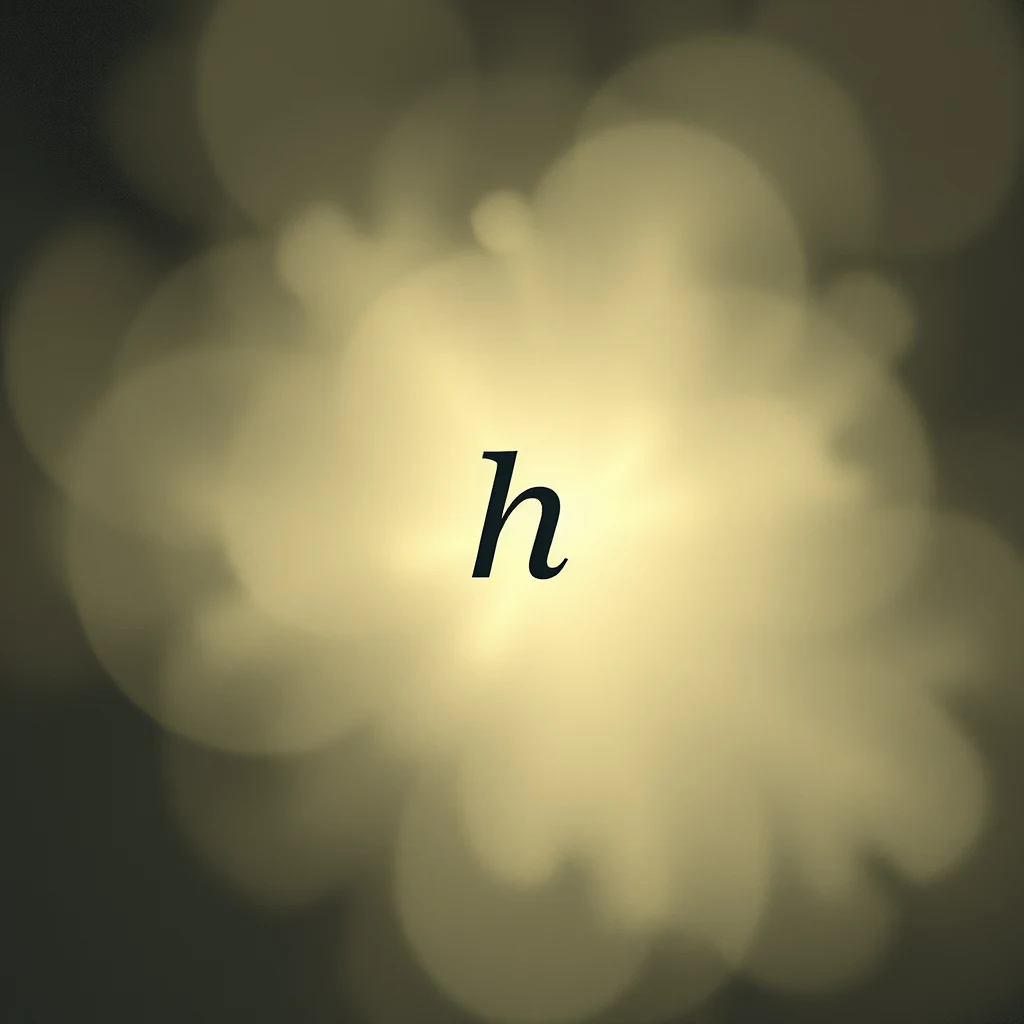 The image features a blurred, golden-yellow background with a central dark letter 'h' representing the Planck constant, a fundamental quantum of action introduced by Max Planck in 1900.