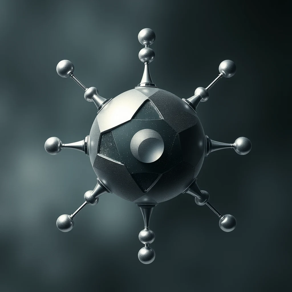 A metallic sphere with six protruding elements resembling platinum-group metals, symbolizing their unique molecular binding capabilities.