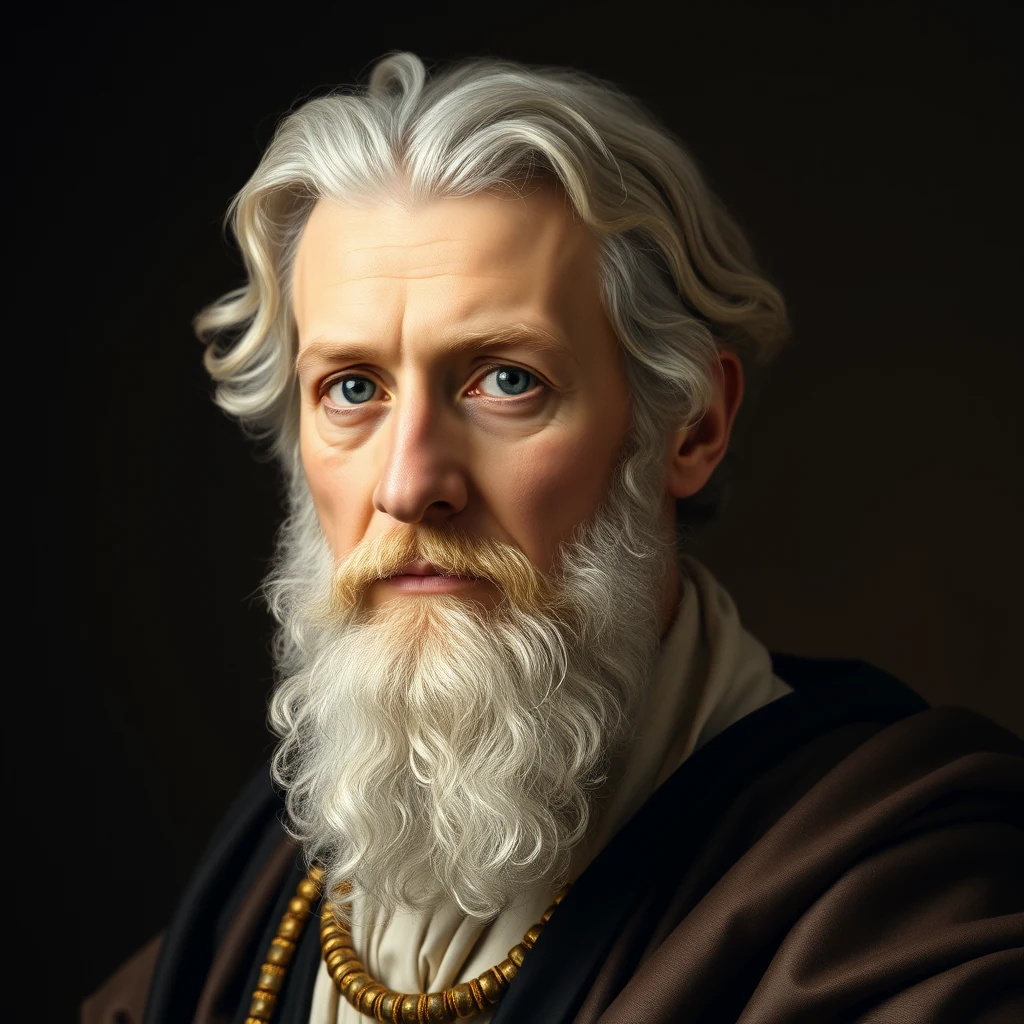A portrait of an elderly man with long, white hair and a flowing beard, wearing a brown robe and a gold necklace, set against a dark background.