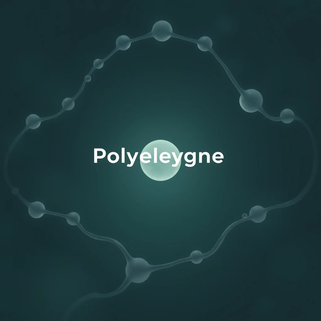 A molecular structure resembling a chain of interconnected spheres forms the core of the image, with the word "Polyethylene" prominently displayed in the center against a dark teal background.