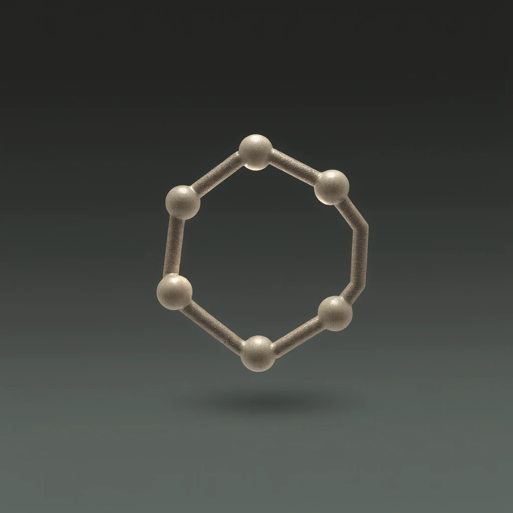 A hexagonal molecular structure with spherical nodes connected by linear segments, representing the polyisoprene molecule, which forms the basis of natural rubber's elasticity.