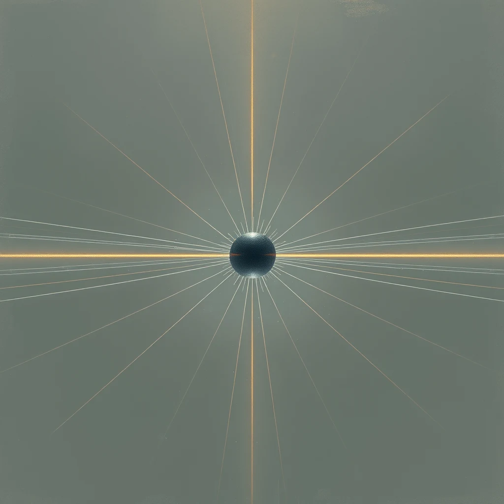 A central sphere emits radiating lines in various colors, symbolizing population inversion in a conceptual representation of laser action.