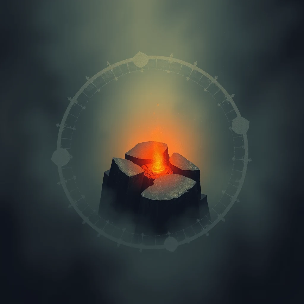 A glowing volcanic rock with a circular structure around it symbolizes the concept of potassium–argon dating, a radiometric dating method used to measure the age of rocks by analyzing the ratio of potassium-40 to argon-40.