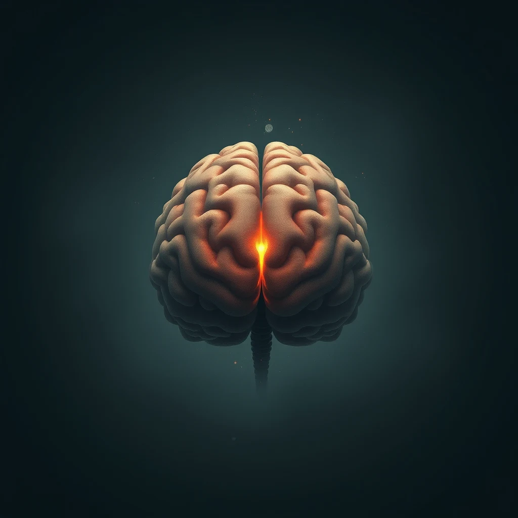 A brain with a glowing central fissure symbolizes the prefrontal cortex, highlighting its role in complex cognitive functions and decision-making.