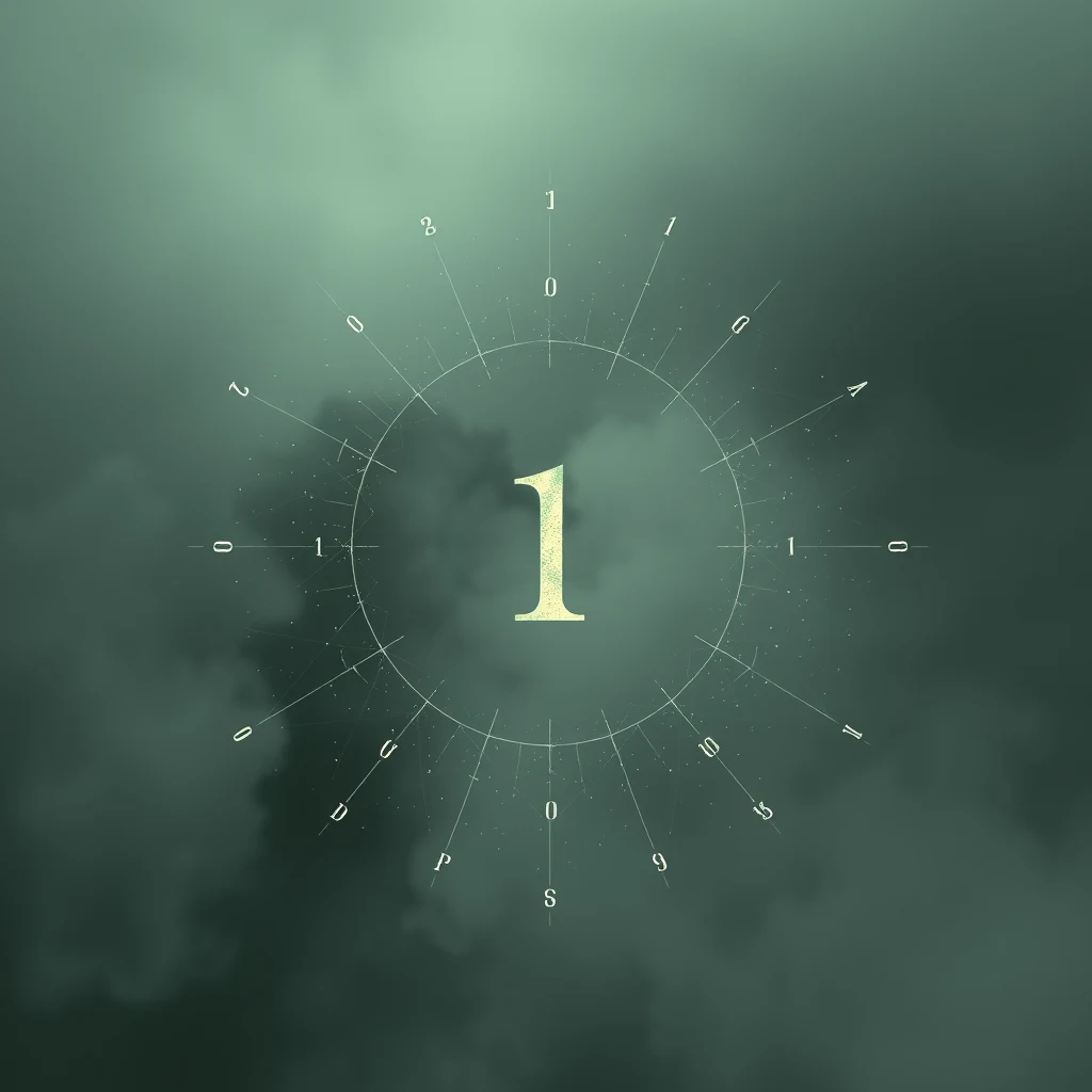A circular diagram with the number "1" prominently displayed at its center, surrounded by radiating lines and numbers, symbolizes the Prime Number Theorem concept.