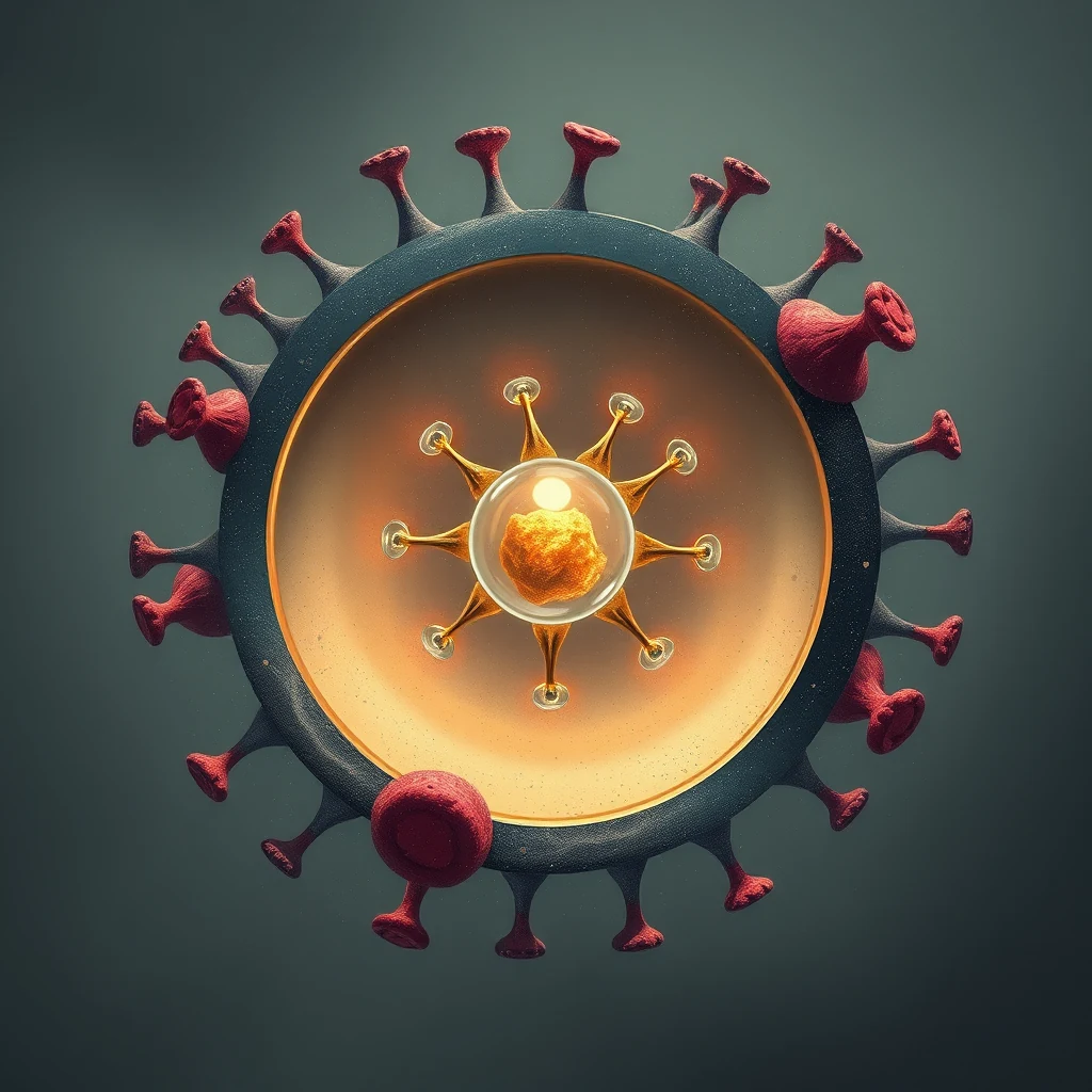 A detailed illustration of a virus-like structure with red and gray protrusions, featuring a central gold-colored sphere surrounded by six transparent, star-shaped elements, symbolizing proton-sensing GPCRs.