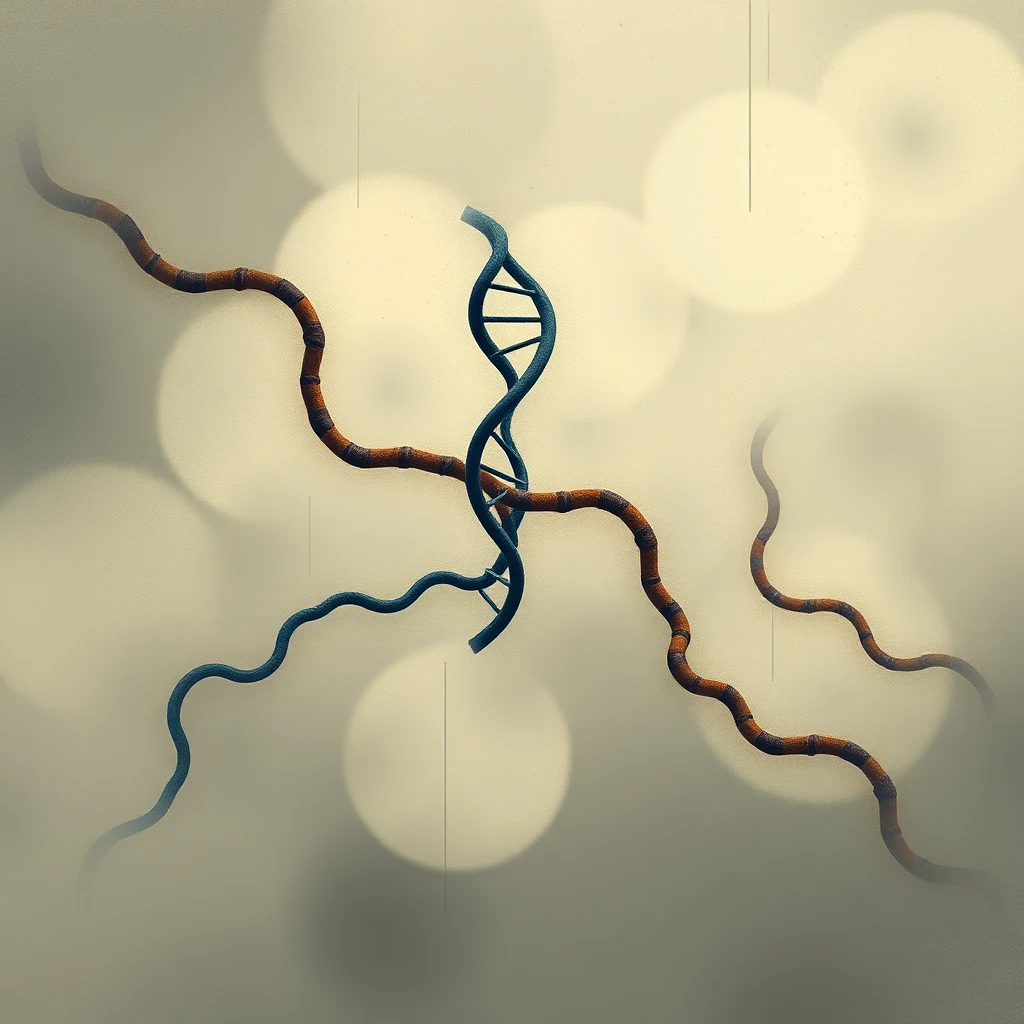 The image depicts a DNA structure with a blue helix intertwined with orange, wavy strands, symbolizing pseudogenes, which are broken or silenced genetic sequences resembling functional genes.