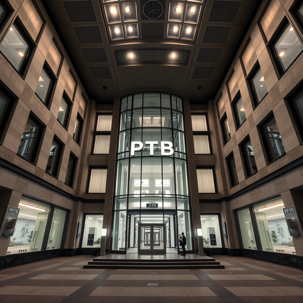 The entrance to the Physikalisch-Technische Bundesanstalt (PTB) building features a large glass atrium with the PTB logo prominently displayed above the entrance.