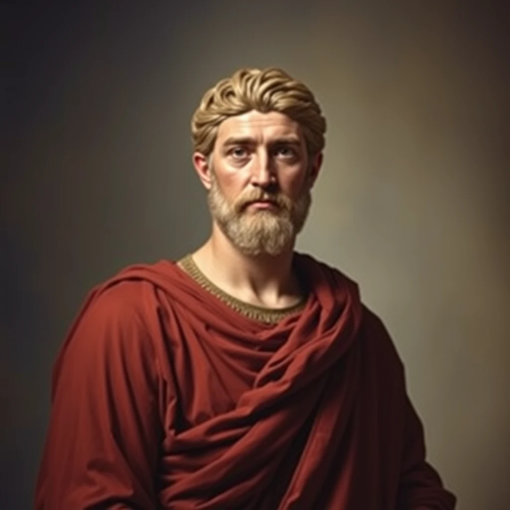A man with blonde hair styled in a bun and a beard, wearing a red toga over a gold necklace, stands against a neutral background.