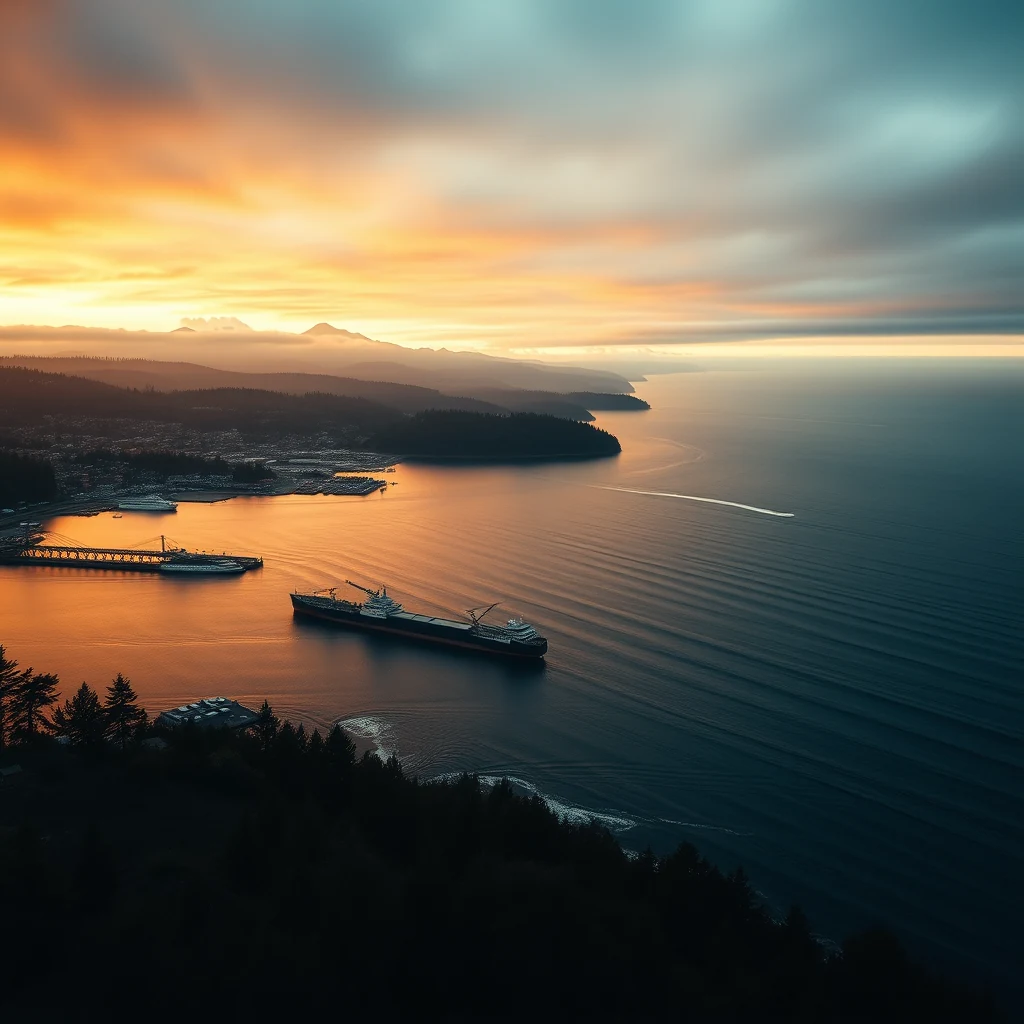A serene sunset illuminates the Puget Sound, with calm waters reflecting the orange hues of the sky, and a cargo ship gracefully navigating through the tranquil inlet.
