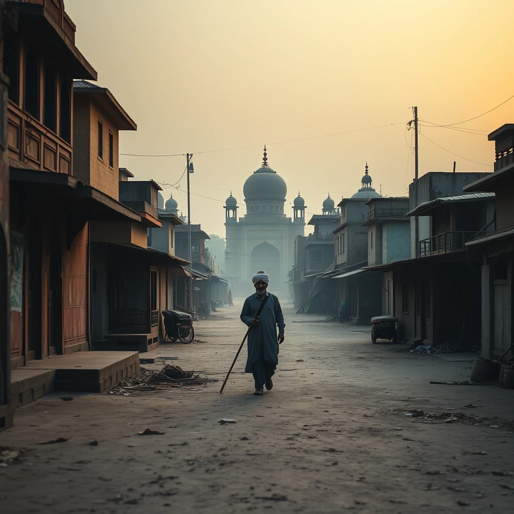 A man walks down a narrow street lined with traditional buildings in the Punjab region, with a prominent white dome structure visible in the distance under a hazy sky.