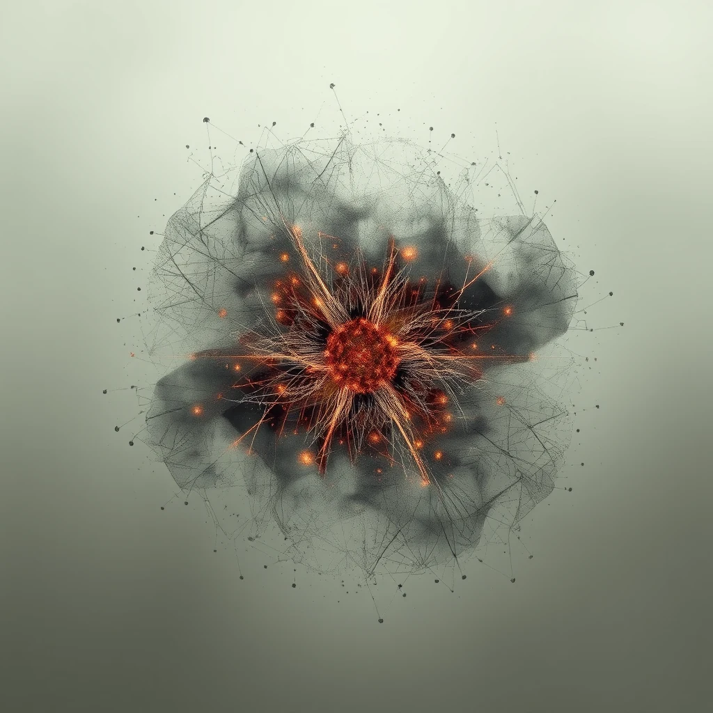 A central, glowing orange sphere radiates outward with intricate, web-like patterns and small, bright dots, symbolizing the concept of quantum coherence.