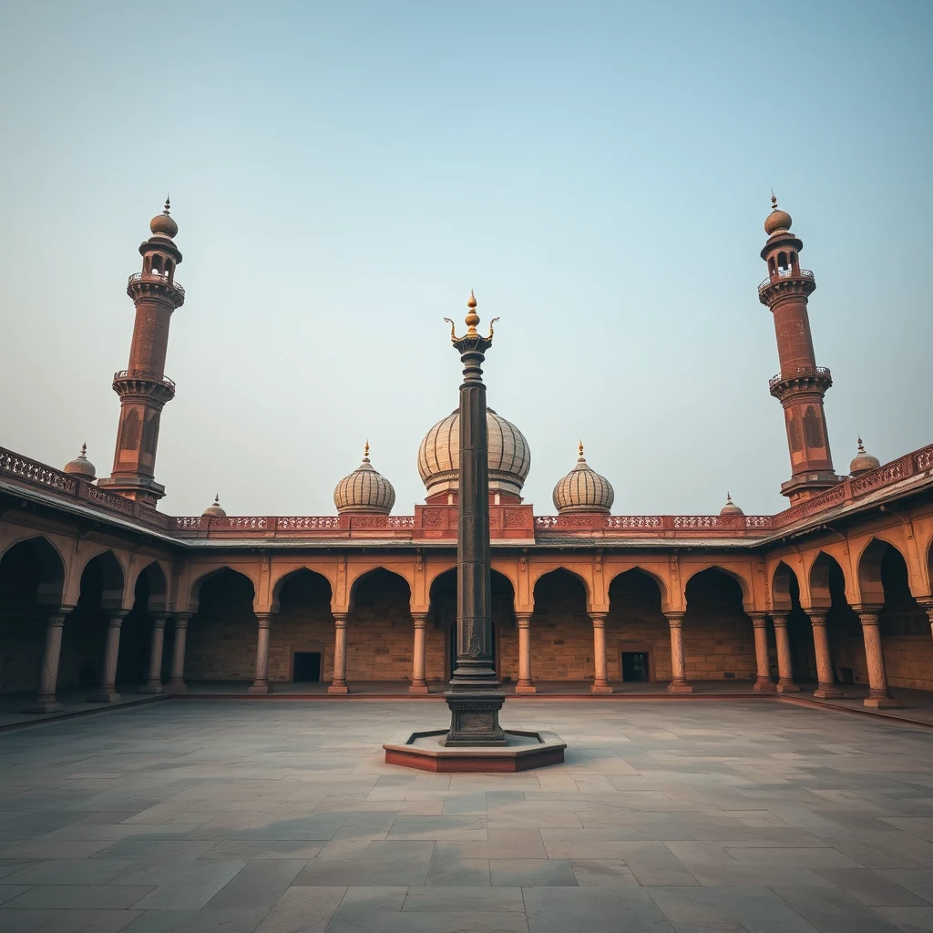 The Quwwat-ul-Islam Mosque's courtyard features a central hexagonal structure surrounded by arches and minarets, showcasing the historical blend of Islamic and Hindu architectural elements.