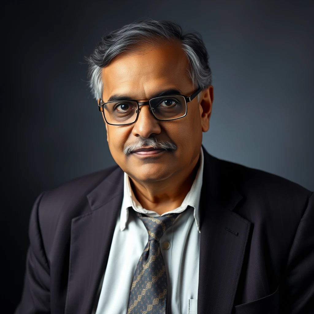 A man with gray hair and glasses, wearing a dark suit jacket over a light shirt and patterned tie, stands against a dark background.
