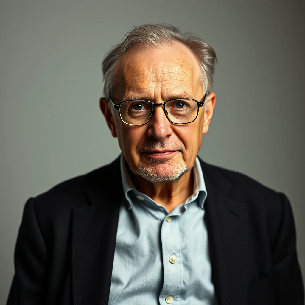 A man with gray hair and glasses, wearing a light blue shirt and dark blazer, stands against a neutral background.