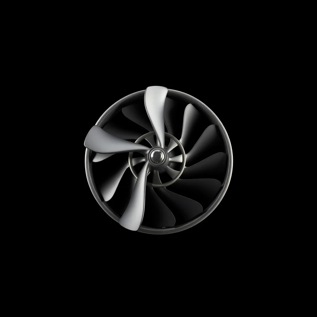 A Ram Air Turbine, a small propeller-driven generator, is depicted against a black background, showcasing its sleek design and the blades spinning to harness wind energy.