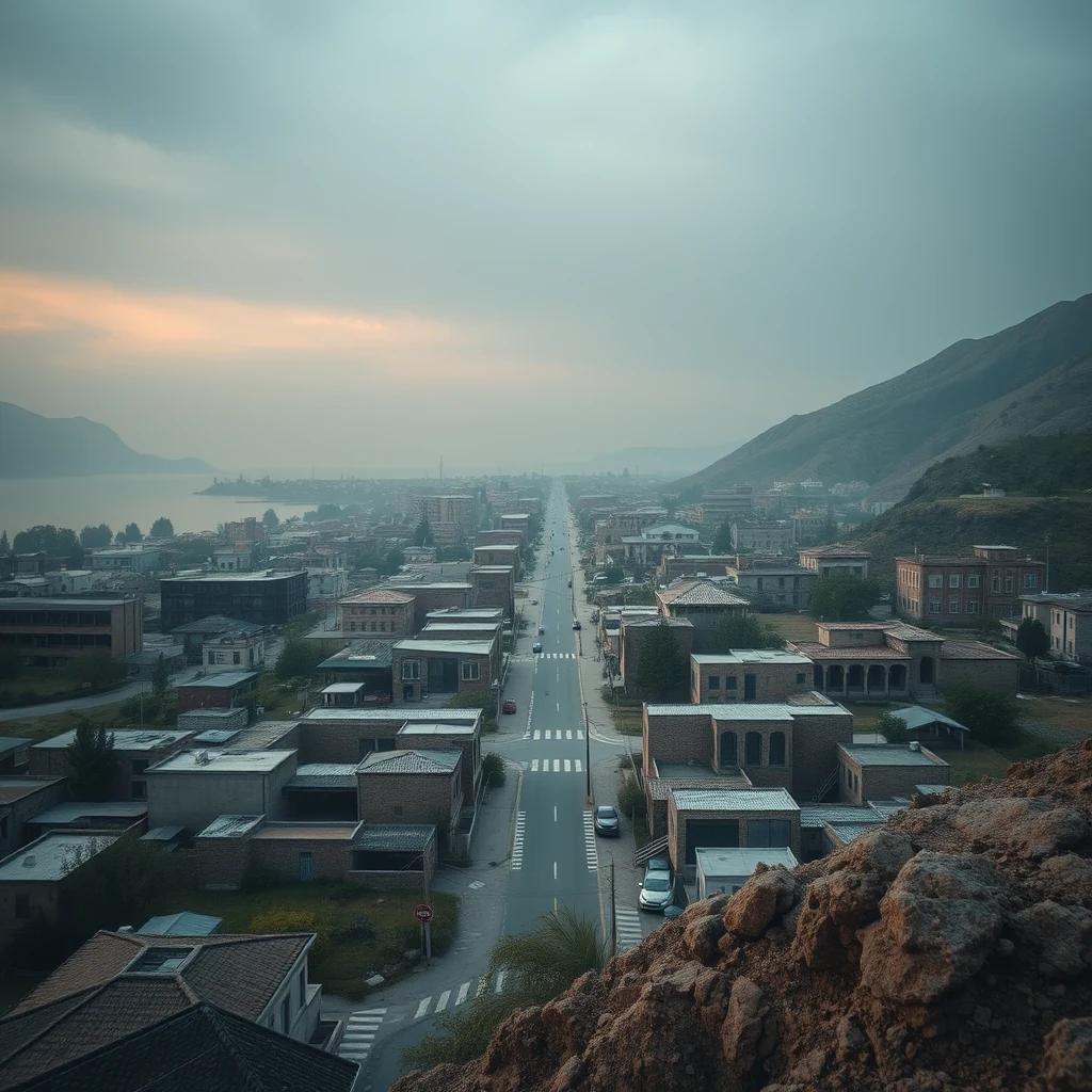 A view of a coastal town with buildings and a road leading towards the sea, set against a backdrop of mountains under a cloudy sky.