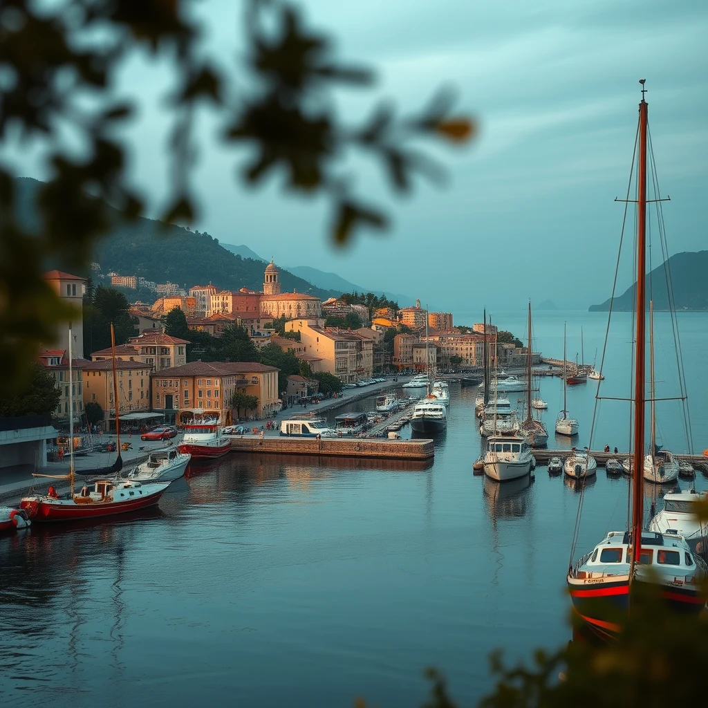 A serene harbor scene in Rapallo, a picturesque coastal town in north-western Italy, with boats docked along the quay and a backdrop of charming buildings and lush green hills under a soft twilight sky.