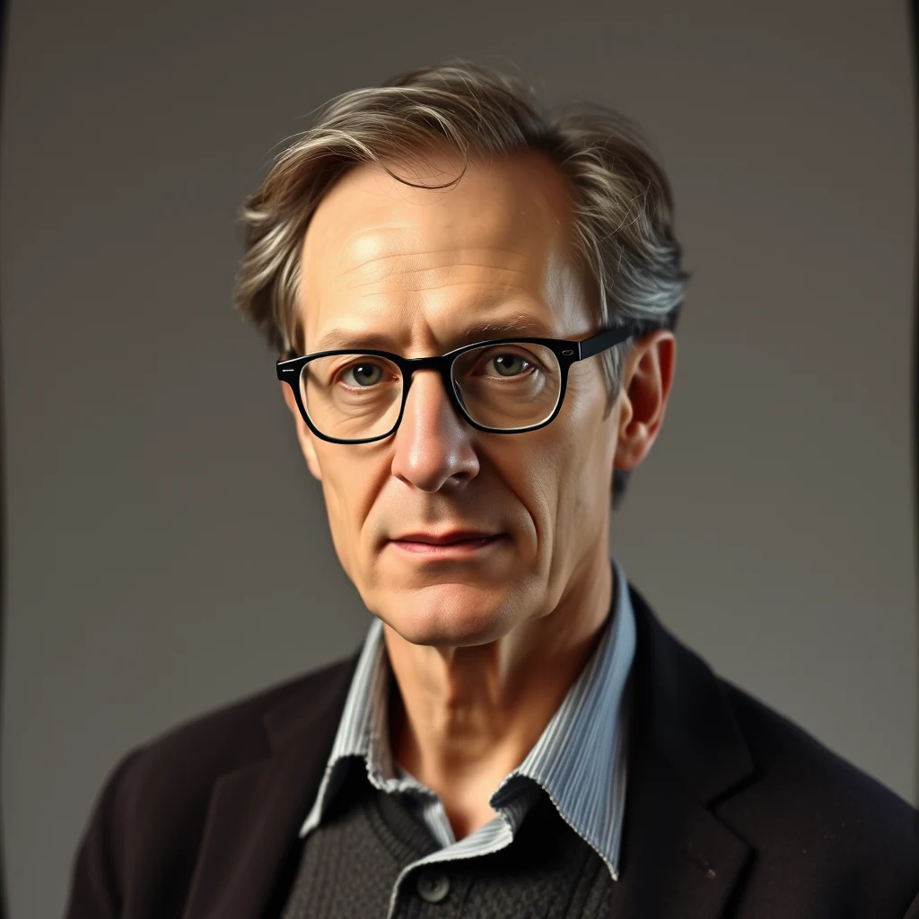 A man with short, light-colored hair and glasses is wearing a dark blazer over a striped shirt and a textured sweater.