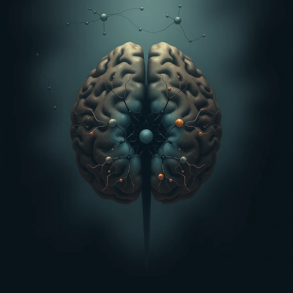 A detailed illustration of the raphe nuclei, showing a thin column of serotonin-producing neurons running up the midline of the brainstem, with molecular structures and pathways extending outward.