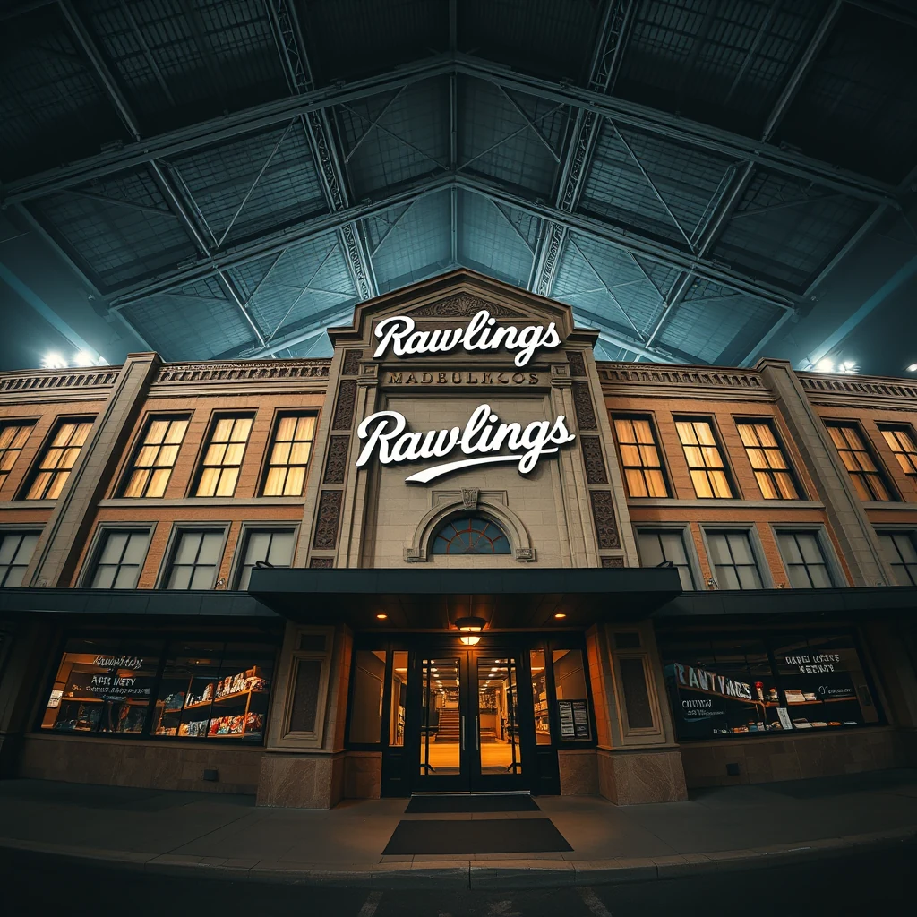 A grand building with illuminated windows and a prominent sign reading "Rawlings" stands under a large, arched ceiling, showcasing the iconic American sports equipment manufacturer's storefront.