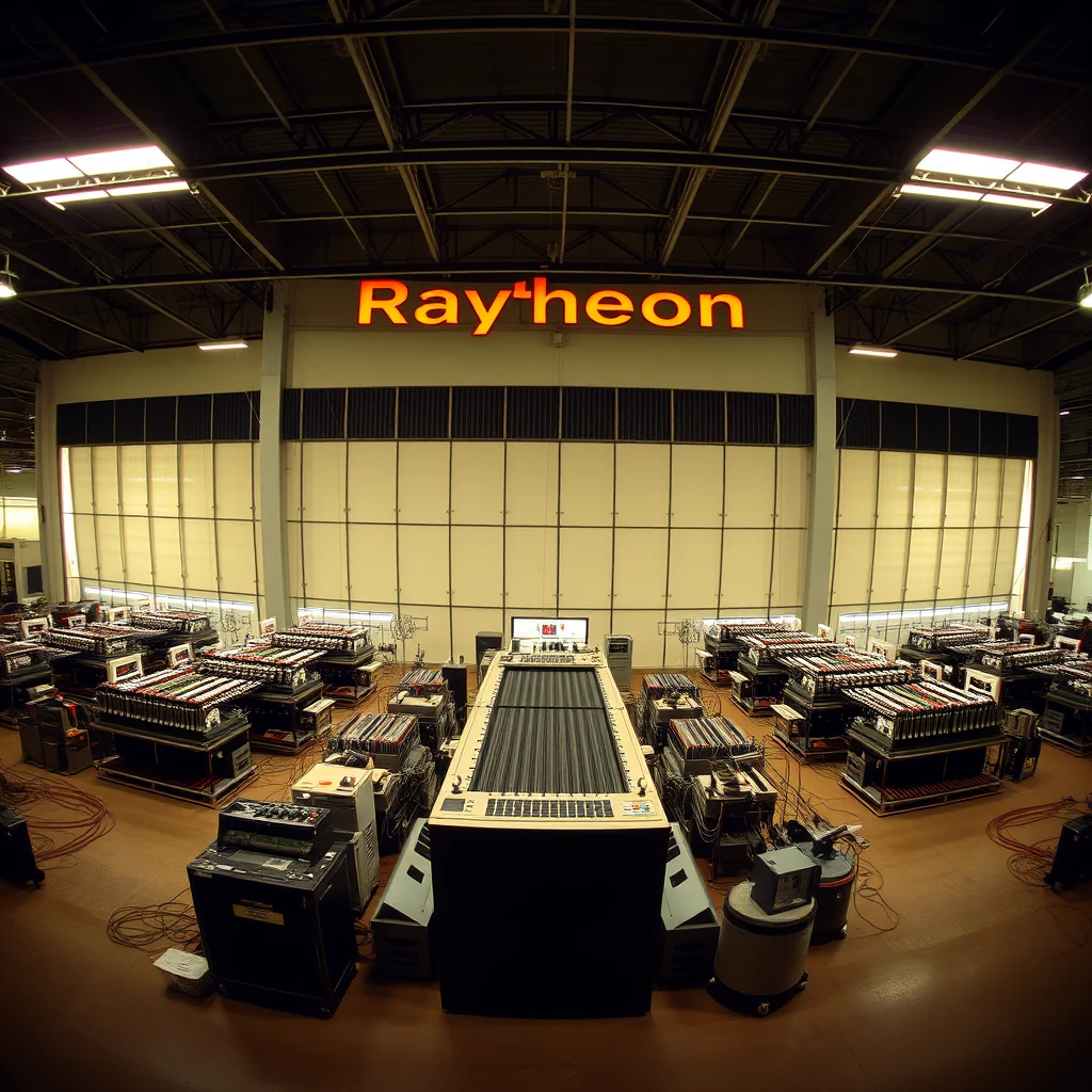 A large industrial space with rows of electronic equipment and a prominent "Raytheon" sign above, indicating the location as a facility related to the company's history and manufacturing capabilities.